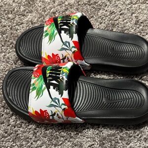 Nike Black Slide Sandals with Red Floral Strap